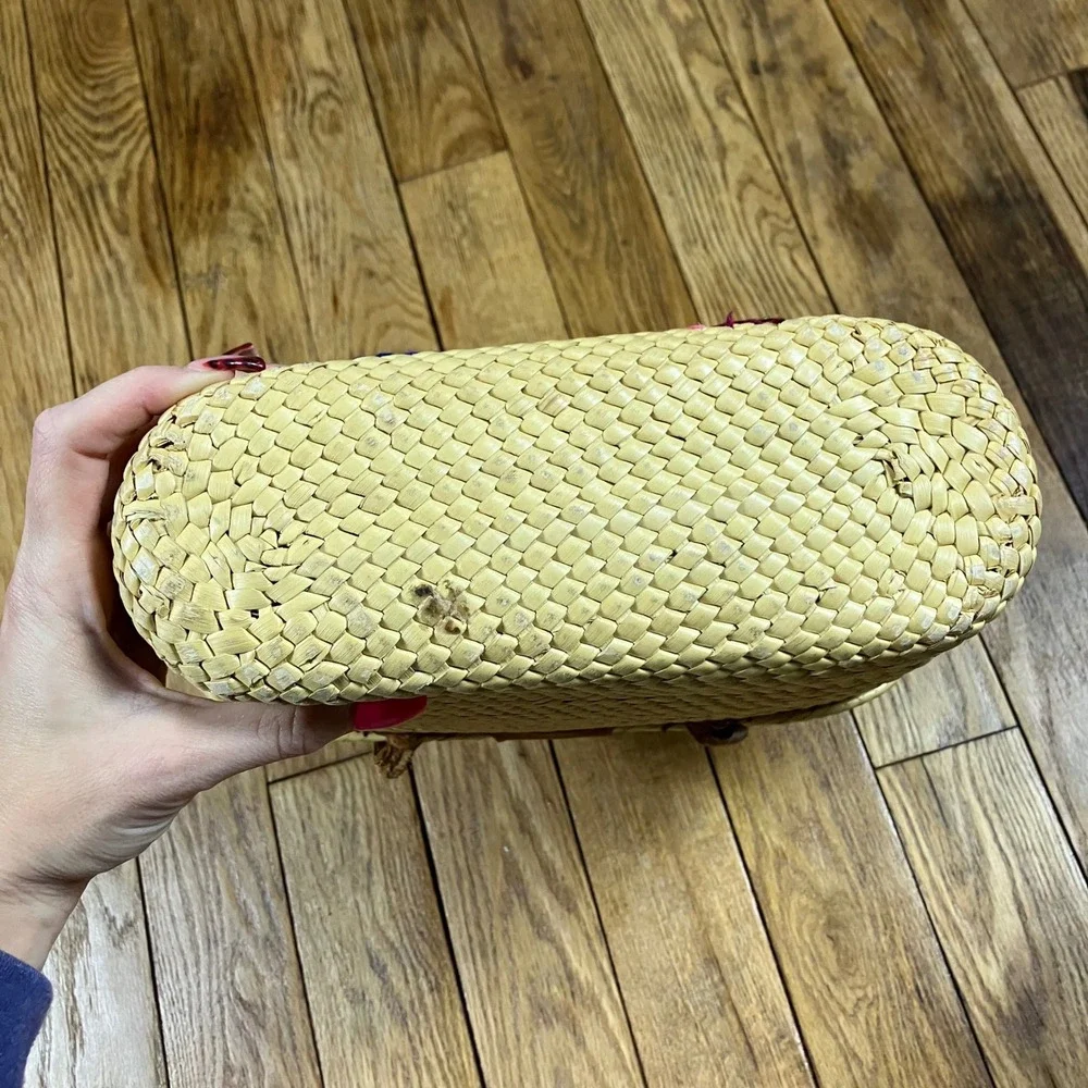 Vintage Straw Woven Tote Bag Floral Feather Embroidery‎ Top Handle Clutch - Picture 8 of 9